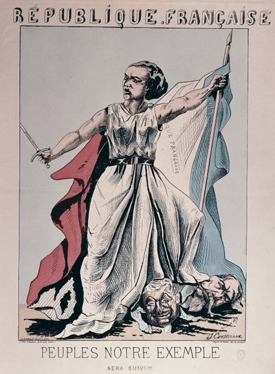 Personifiering av den franska republiken som Louise Michel (1830-1905) som trampar på huvudena av Louis Adolphe Thiers (1797-1877) och Napoleon III (1808-73) (färgstick) av J. Corseaux